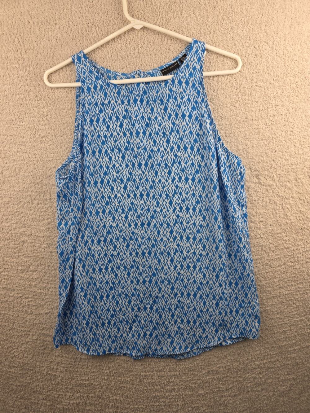 Willi Smith Blue and White Geometric Print Sleeveless Blouse Size Medium